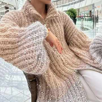 Getadme Elegant Lurex Sequin Sweater Cardigan Women Long Sleeve Stand Collar Zipper Sparkling Knitted Coat Autumn Chic Streetwear